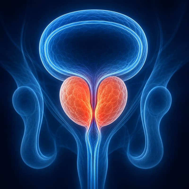 Ilustração da próstata aumentada comprimindo a uretra, característica da Hiperplasia Prostática Benigna