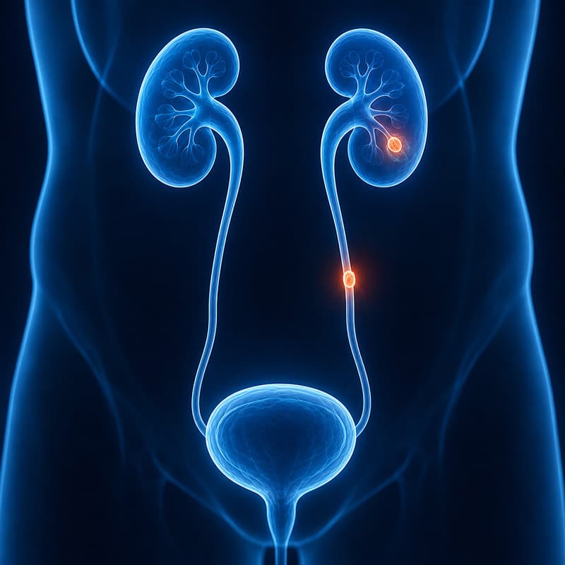 Ilustração do trajeto do cálculo renal do rim até a bexiga, passando pelo ureter