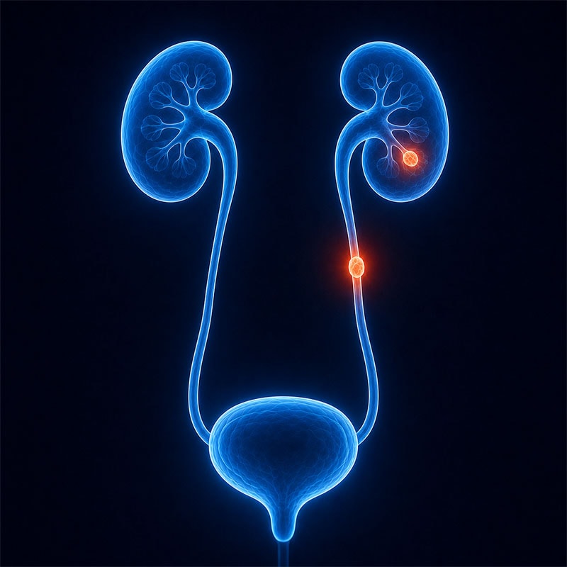Ilustração de pedra no rim e do trajeto do cálculo pelo ureter